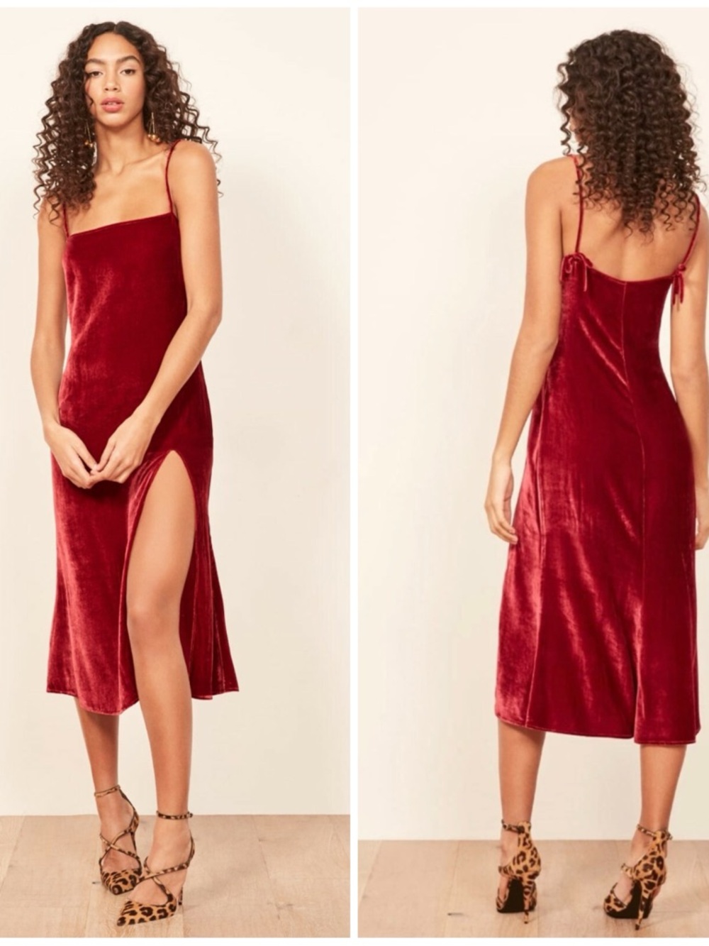 $248 Reformation Ariana Crimson Red Velvet Silk Side Slit Slip Midi Dress XS